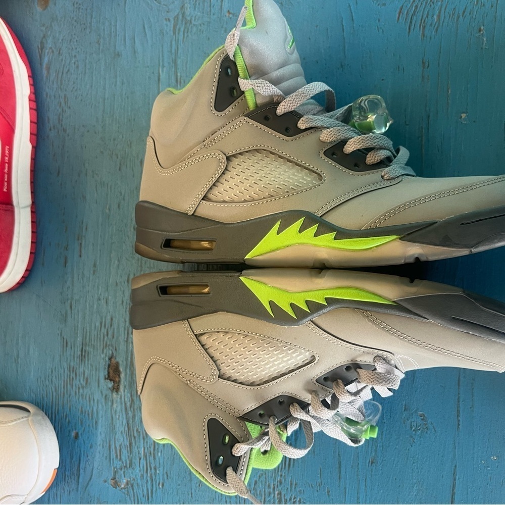 Jordan Athletic Shoes Gray and Neon Green Retro 5 fits ladies size 9.5
